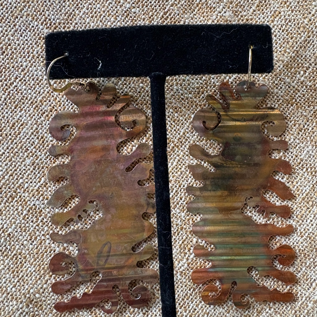 Unique Metallic Swirl Earrings Fire Painted Copper Hand Sawed Earrings